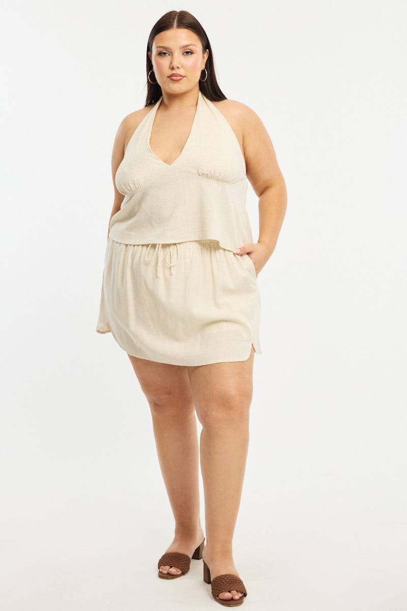 Beige Halter Top Sleeveless Linen Blend for YouandAll Fashion