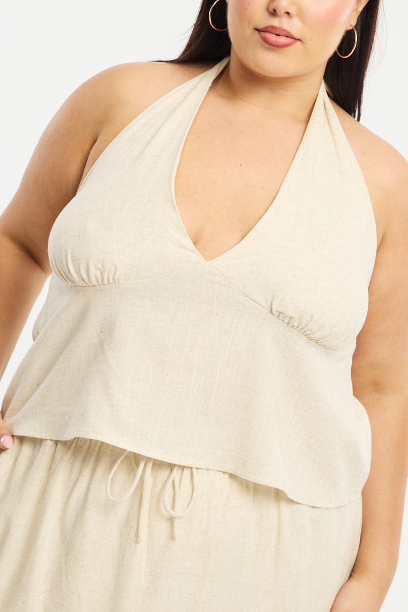 Beige Halter Top Sleeveless Linen Blend for YouandAll Fashion