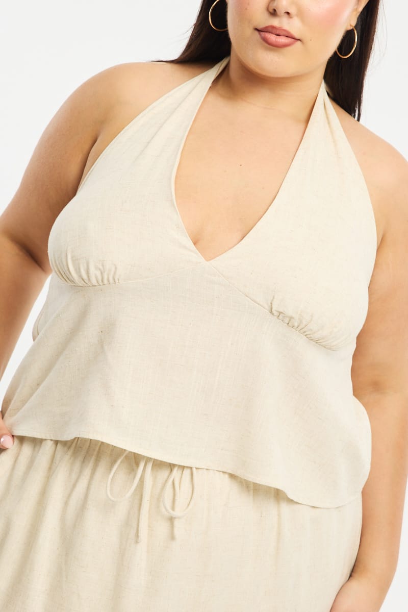 Beige Halter Top Sleeveless Linen Blend for YouandAll Fashion