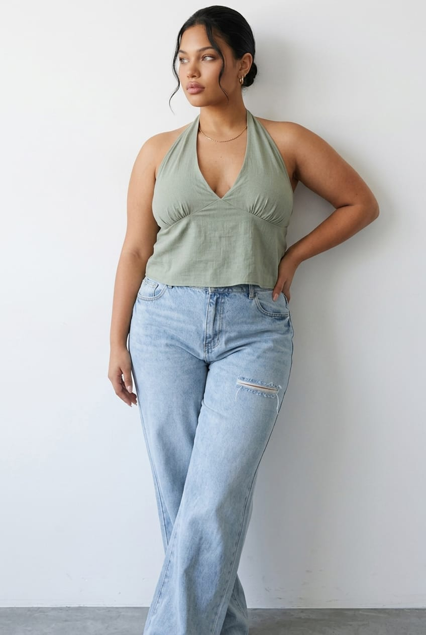 Green Halter Top Sleeveless Linen Blend for YouandAll Fashion