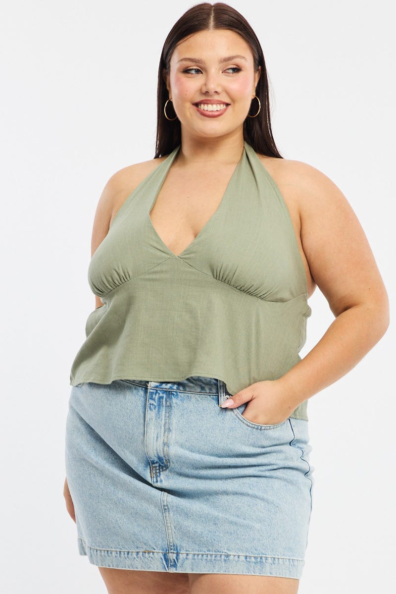 Green Halter Top Sleeveless Linen Blend for YouandAll Fashion