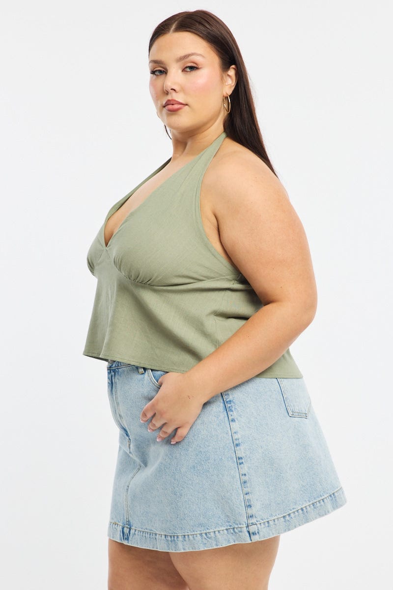 Green Halter Top Sleeveless Linen Blend for YouandAll Fashion