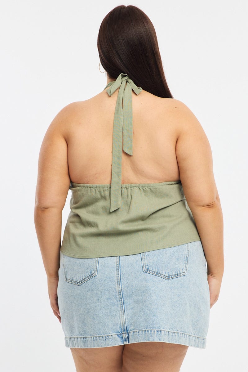 Green Halter Top Sleeveless Linen Blend for YouandAll Fashion