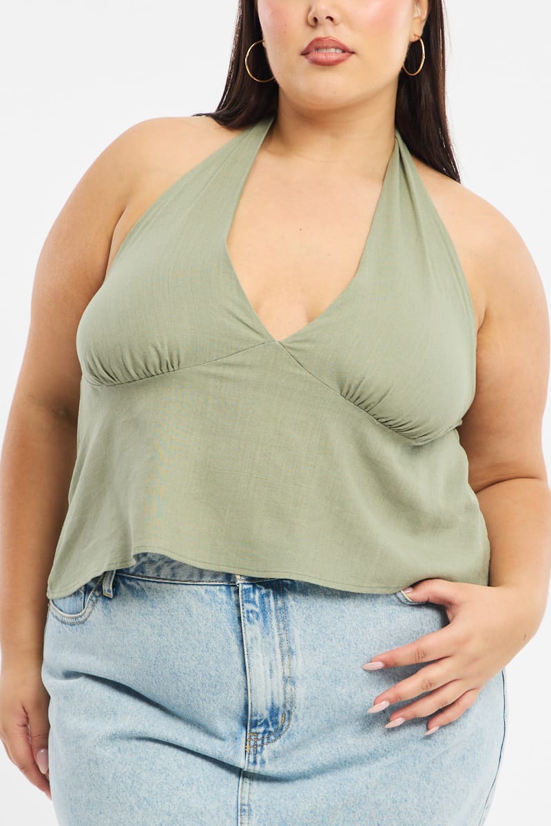 Green Halter Top Sleeveless Linen Blend for YouandAll Fashion