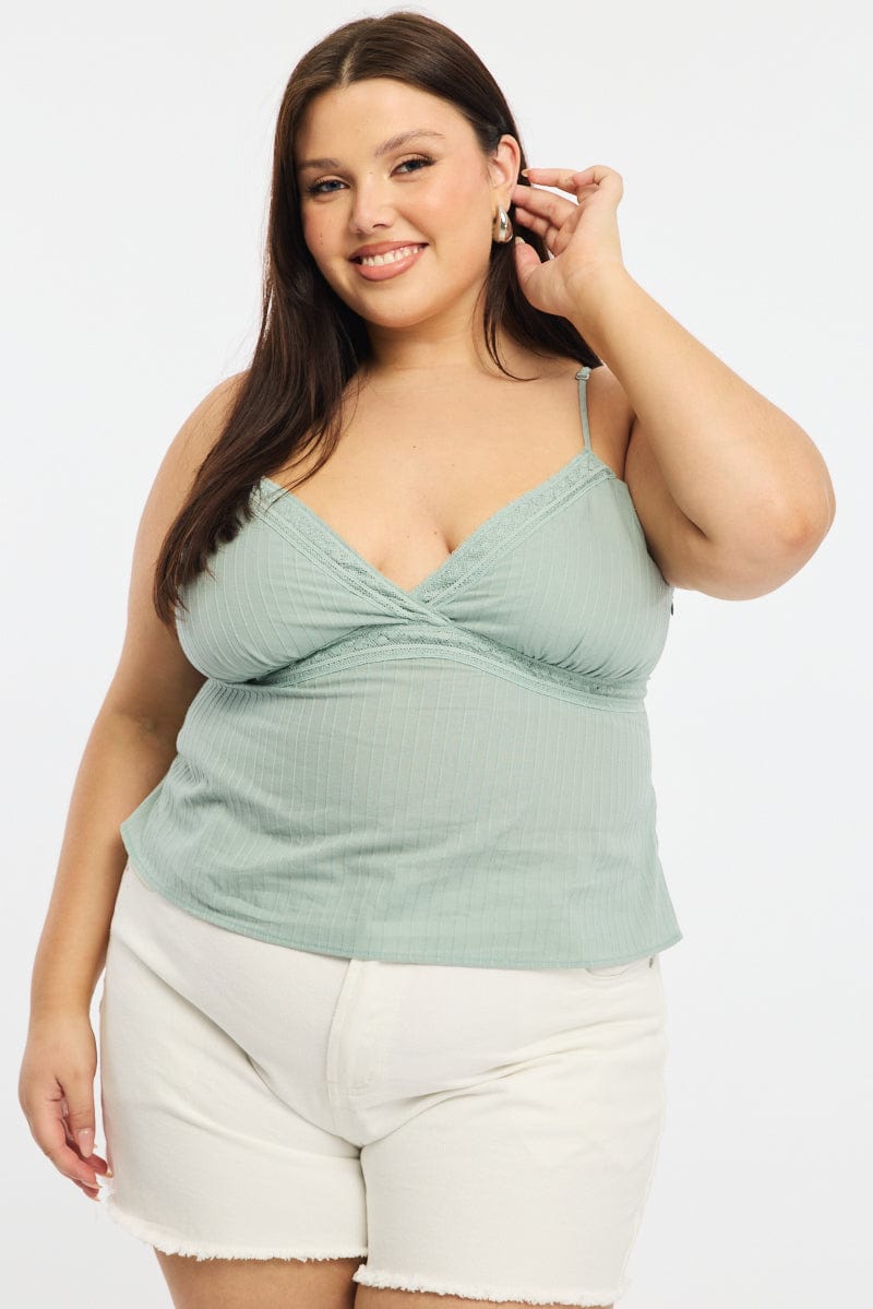 Green Cami Top Self Stripe Cross Over for YouandAll Fashion
