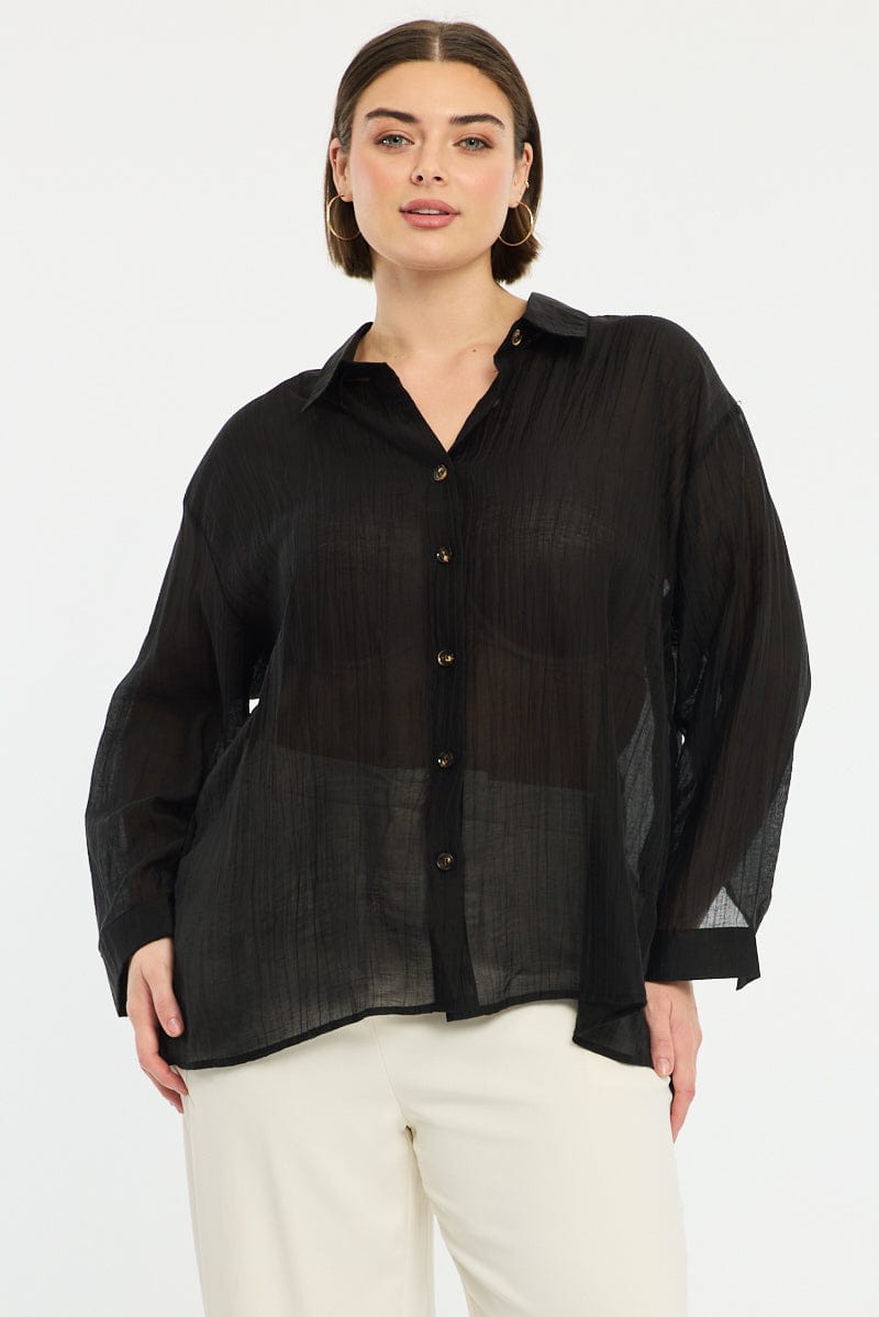 Black Relaxed Shirt Long Sleeve Tie Back for YouandAll Fashion