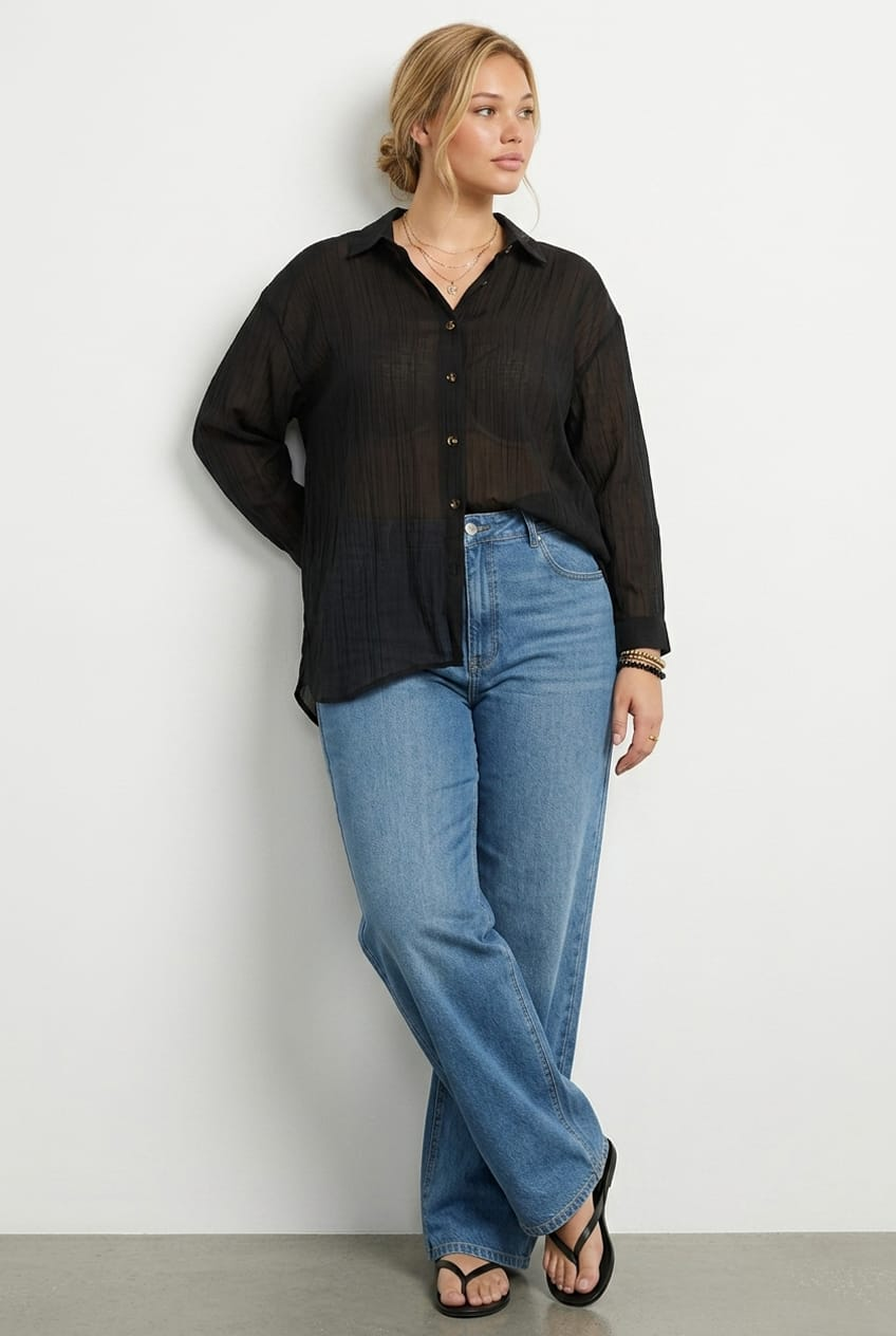 Black Relaxed Shirt Long Sleeve Tie Back for YouandAll Fashion