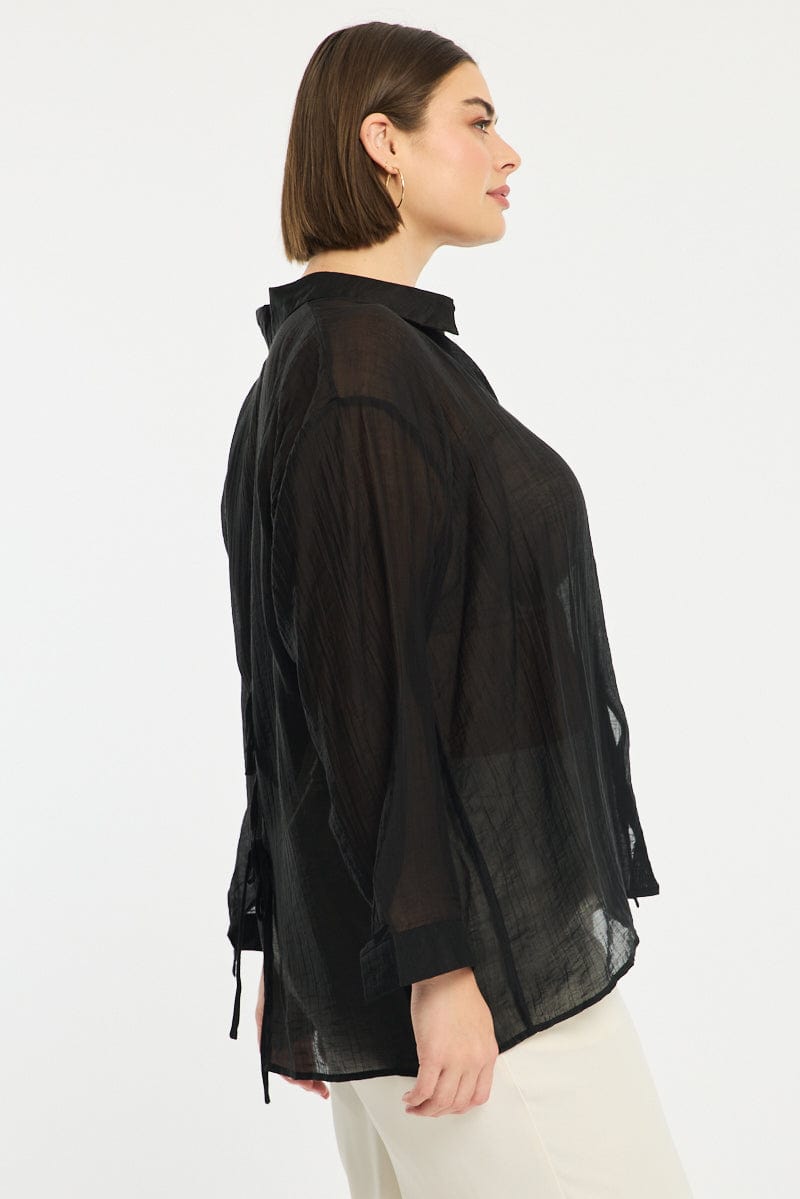 Black Relaxed Shirt Long Sleeve Tie Back for YouandAll Fashion