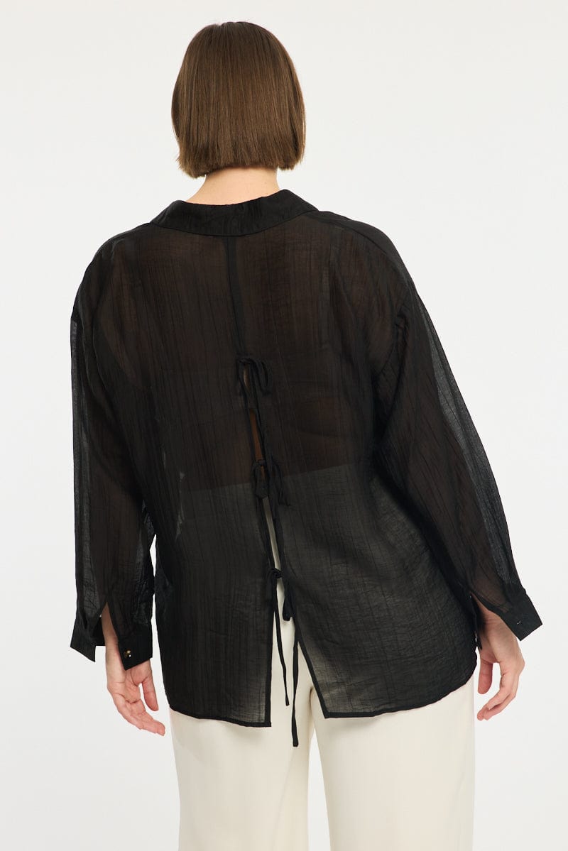 Black Relaxed Shirt Long Sleeve Tie Back for YouandAll Fashion