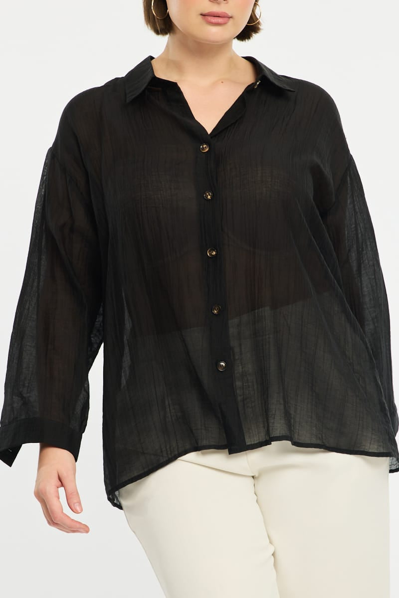 Black Relaxed Shirt Long Sleeve Tie Back for YouandAll Fashion