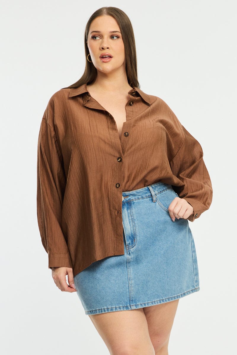 Brown Relaxed Shirt Long Sleeve Tie Back for YouandAll Fashion