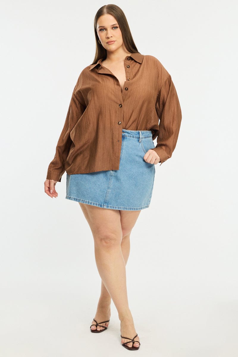 Brown Relaxed Shirt Long Sleeve Tie Back for YouandAll Fashion