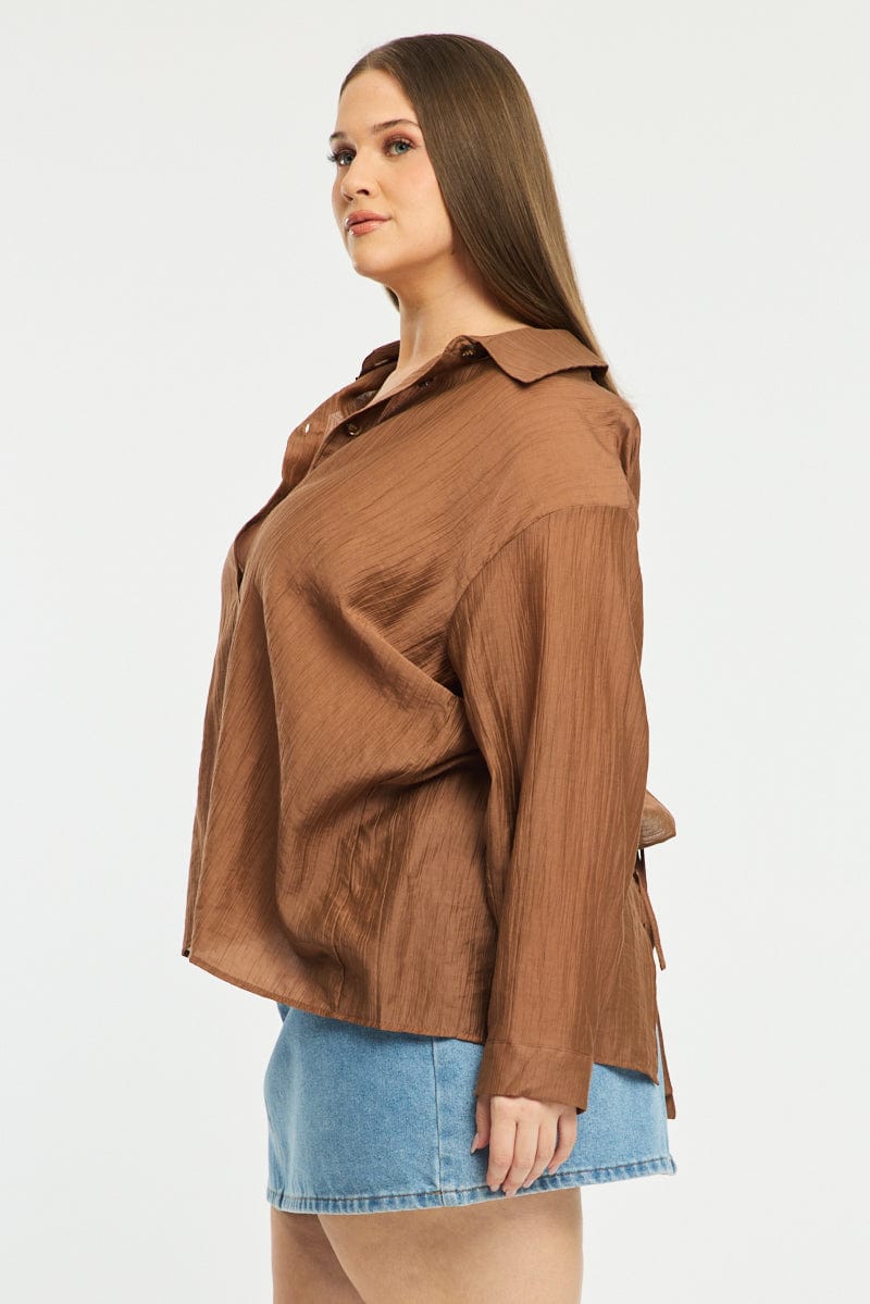 Brown Relaxed Shirt Long Sleeve Tie Back for YouandAll Fashion