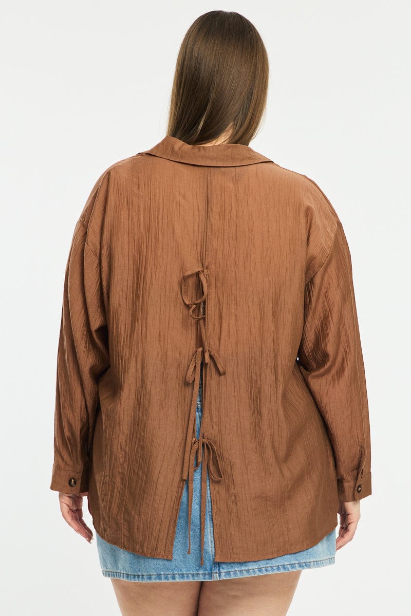 Brown Relaxed Shirt Long Sleeve Tie Back for YouandAll Fashion