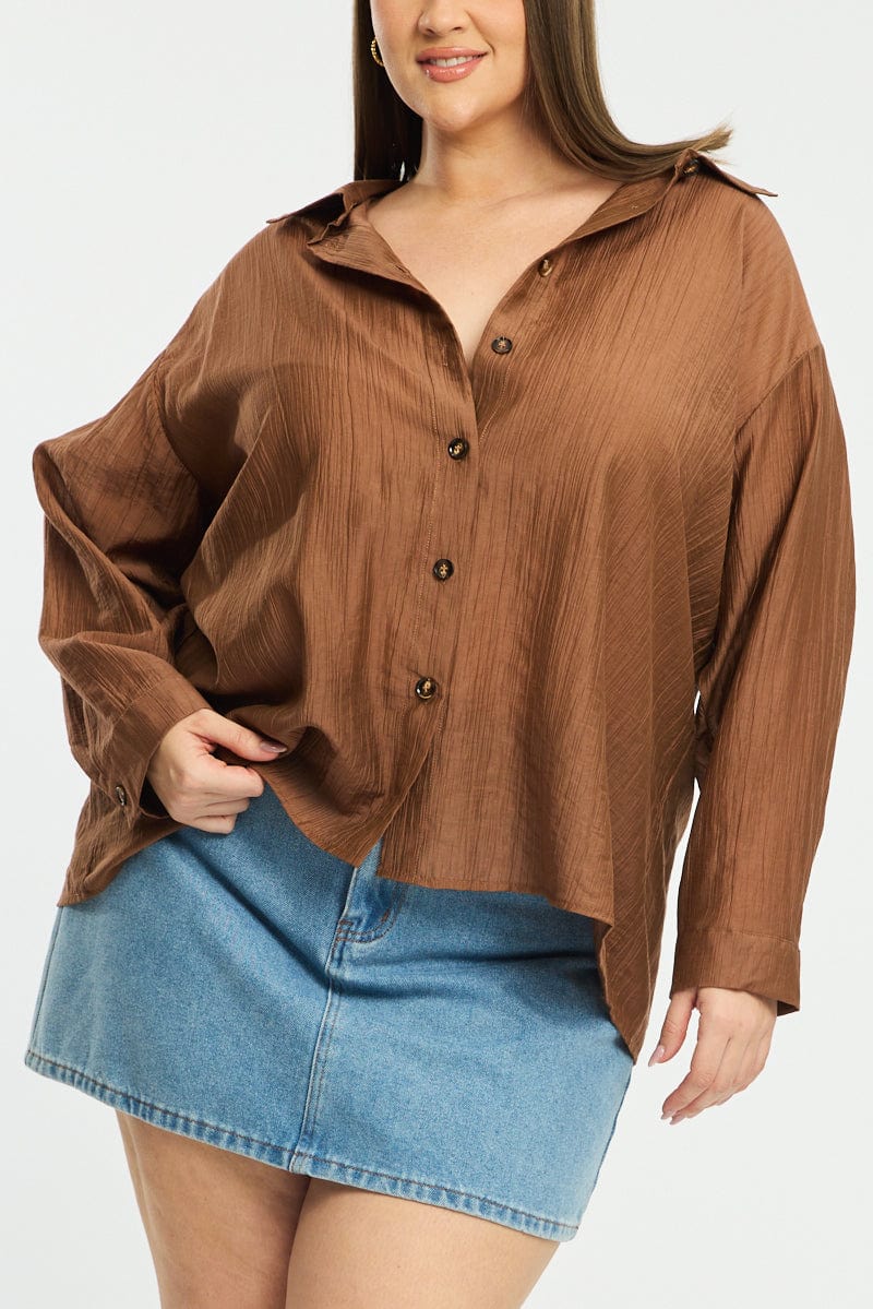 Brown Relaxed Shirt Long Sleeve Tie Back for YouandAll Fashion