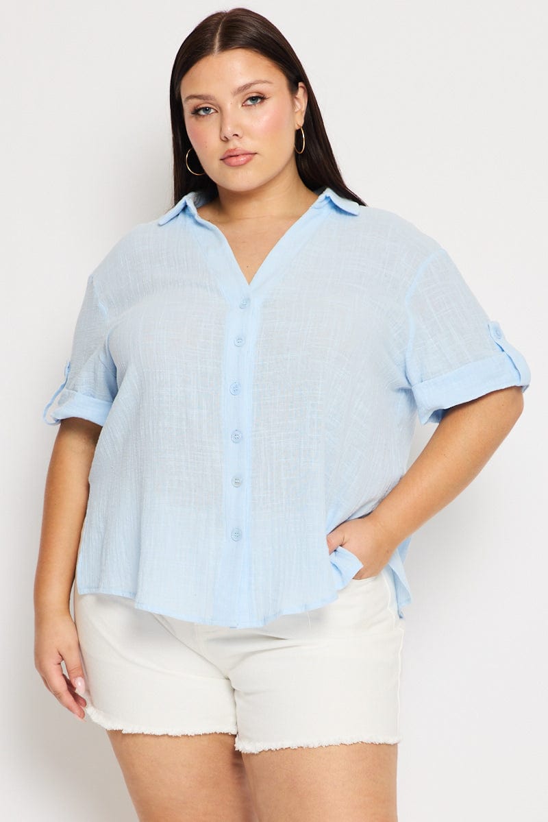 Blue Relaxed Shirt Short Sleeve for YouandAll Fashion