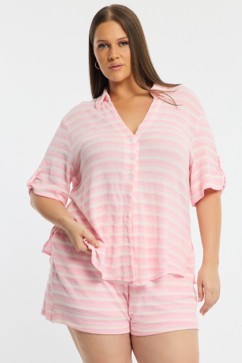 Pink Stripe Relaxed Shirt Short Sleeve Knitlike for YouandAll Fashion