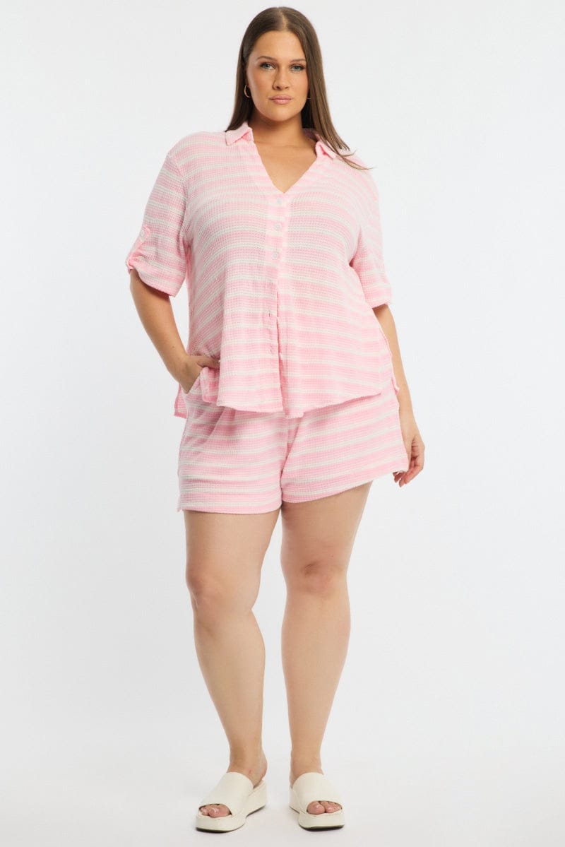 Pink Stripe Relaxed Shirt Short Sleeve Knitlike for YouandAll Fashion