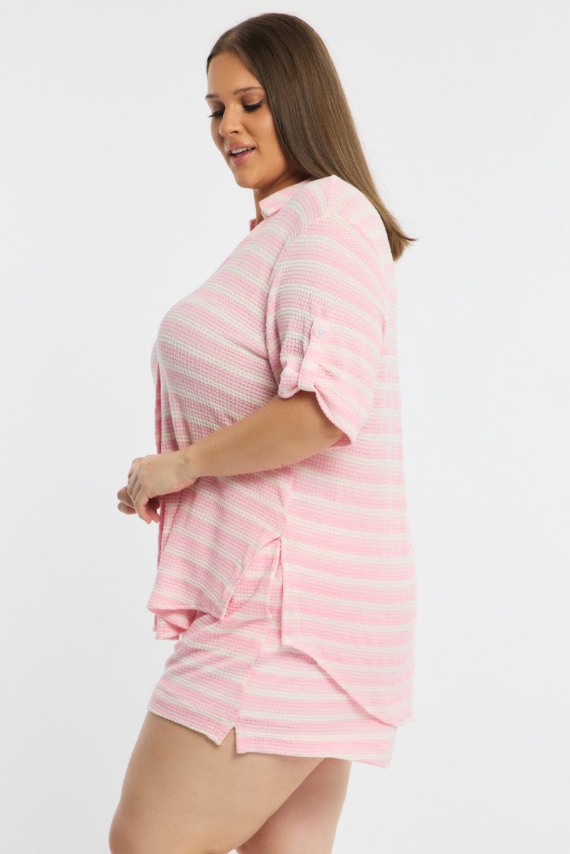 Pink Stripe Relaxed Shirt Short Sleeve Knitlike for YouandAll Fashion