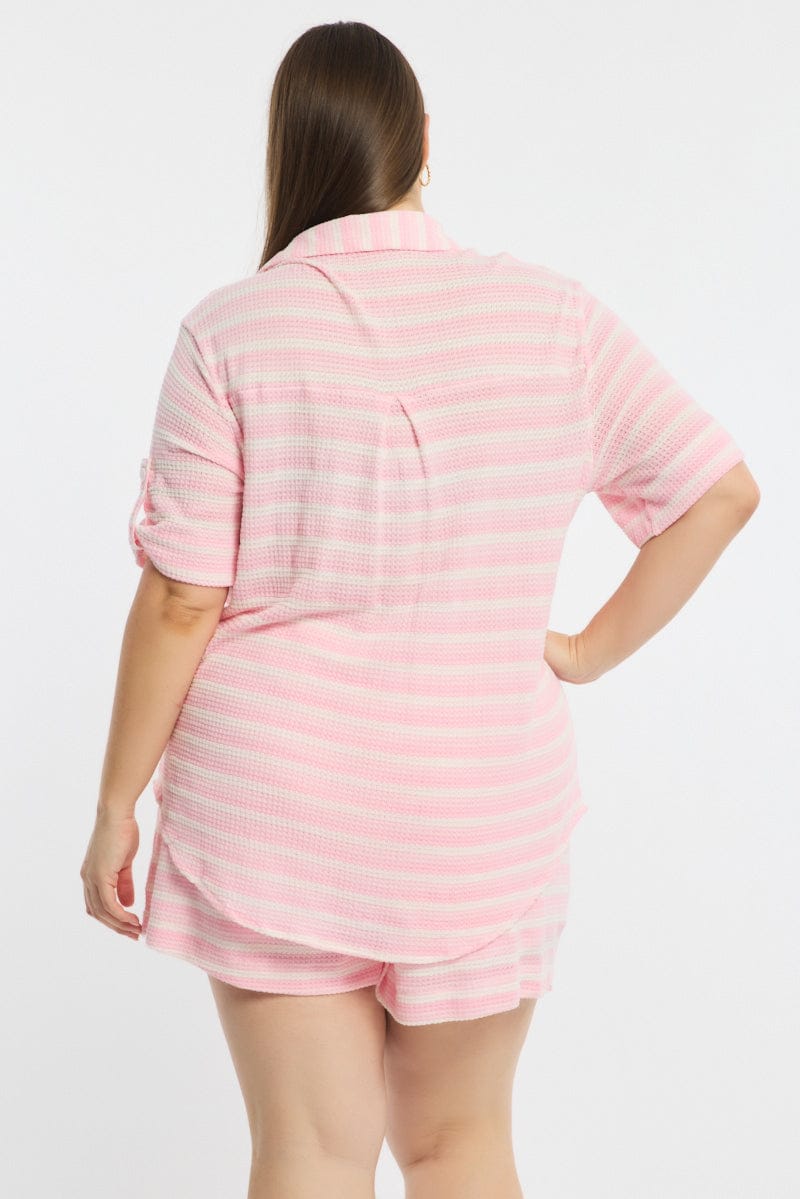 Pink Stripe Relaxed Shirt Short Sleeve Knitlike for YouandAll Fashion