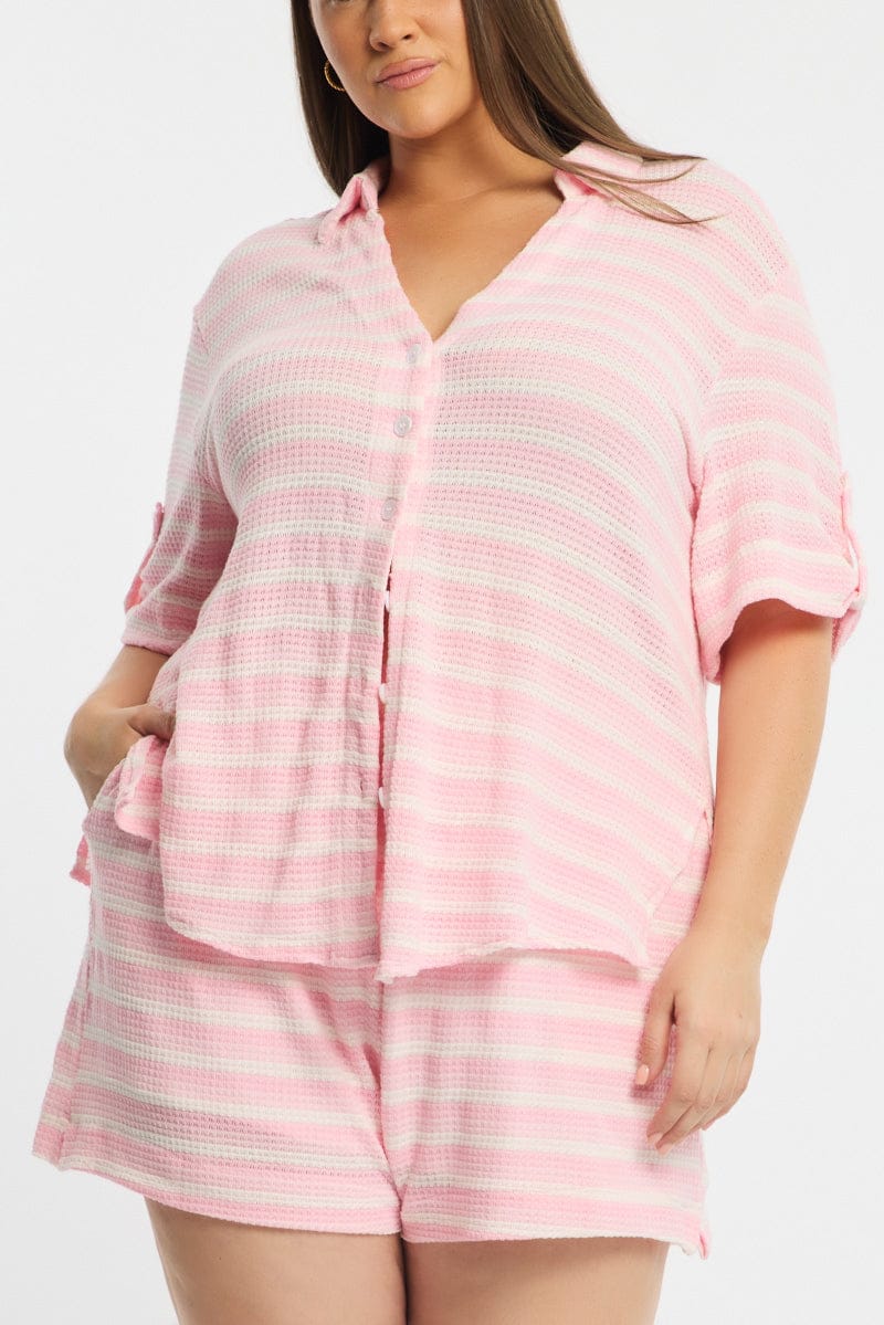 Pink Stripe Relaxed Shirt Short Sleeve Knitlike for YouandAll Fashion