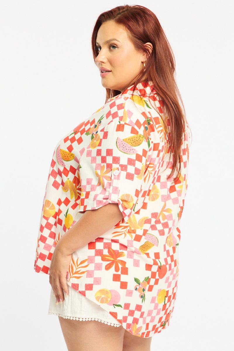 Orange Abstract Relaxed Shirt Short Sleeve Linen Blend for YouandAll Fashion