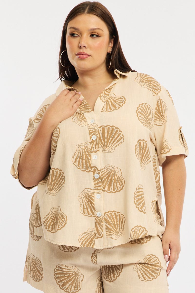 Beige Abstract Relaxed Shirt Short Sleeve Linen Blend for YouandAll Fashion
