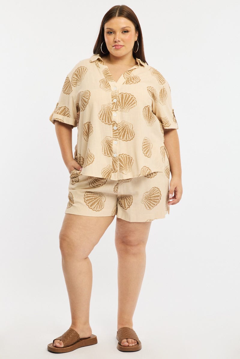 Beige Abstract Relaxed Shirt Short Sleeve Linen Blend for YouandAll Fashion