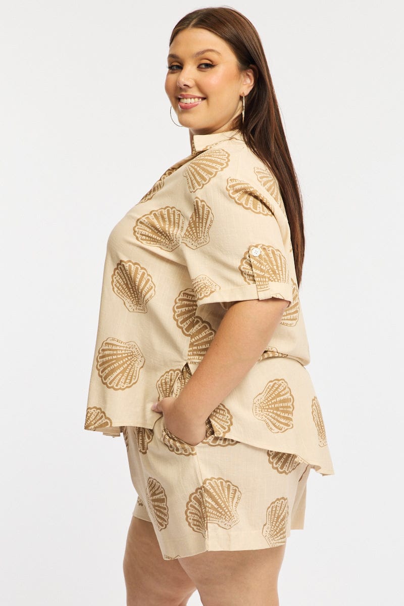 Beige Abstract Relaxed Shirt Short Sleeve Linen Blend for YouandAll Fashion