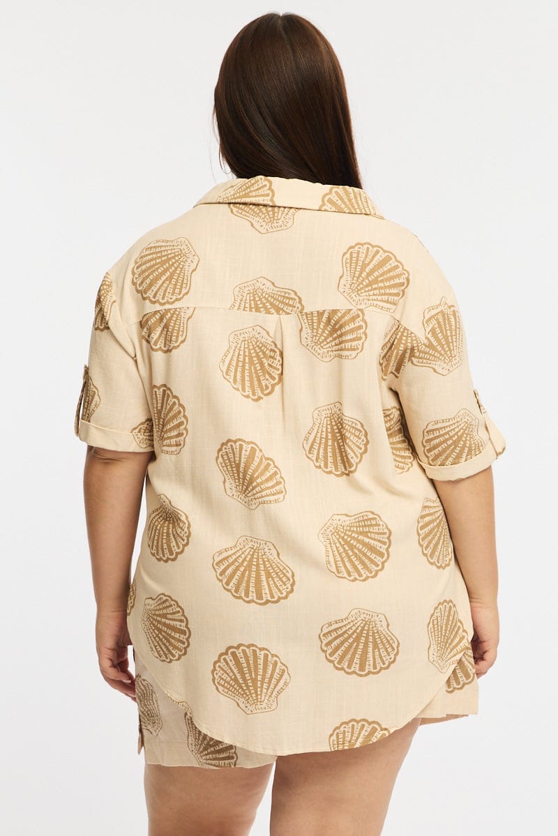 Beige Abstract Relaxed Shirt Short Sleeve Linen Blend for YouandAll Fashion