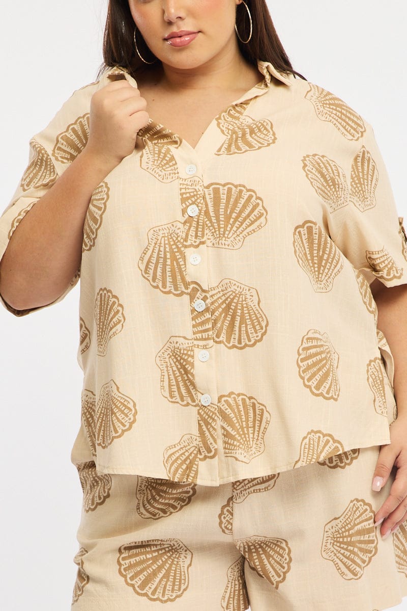 Beige Abstract Relaxed Shirt Short Sleeve Linen Blend for YouandAll Fashion