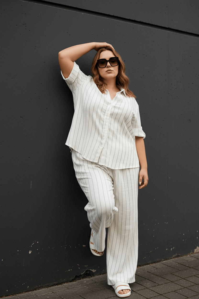 White Stripe Relaxed Shirt Short Sleeve Textured