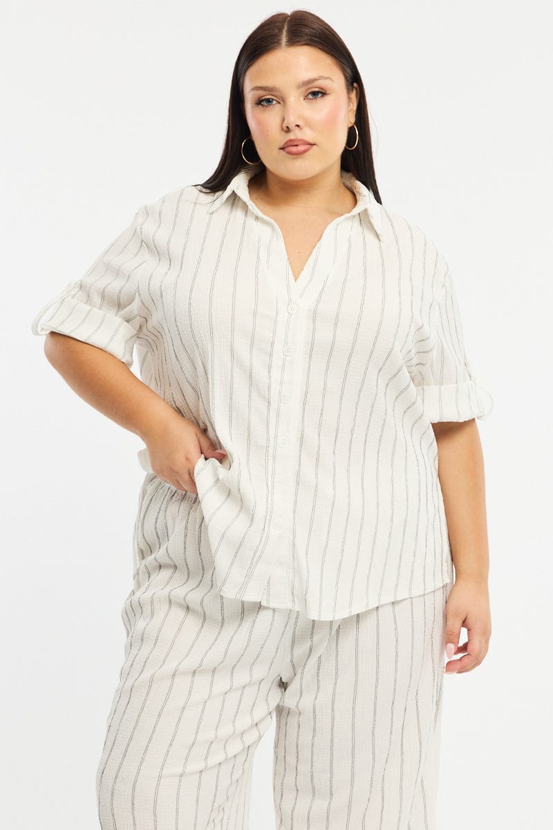 White Stripe Relaxed Shirt Short Sleeve Textured for YouandAll Fashion