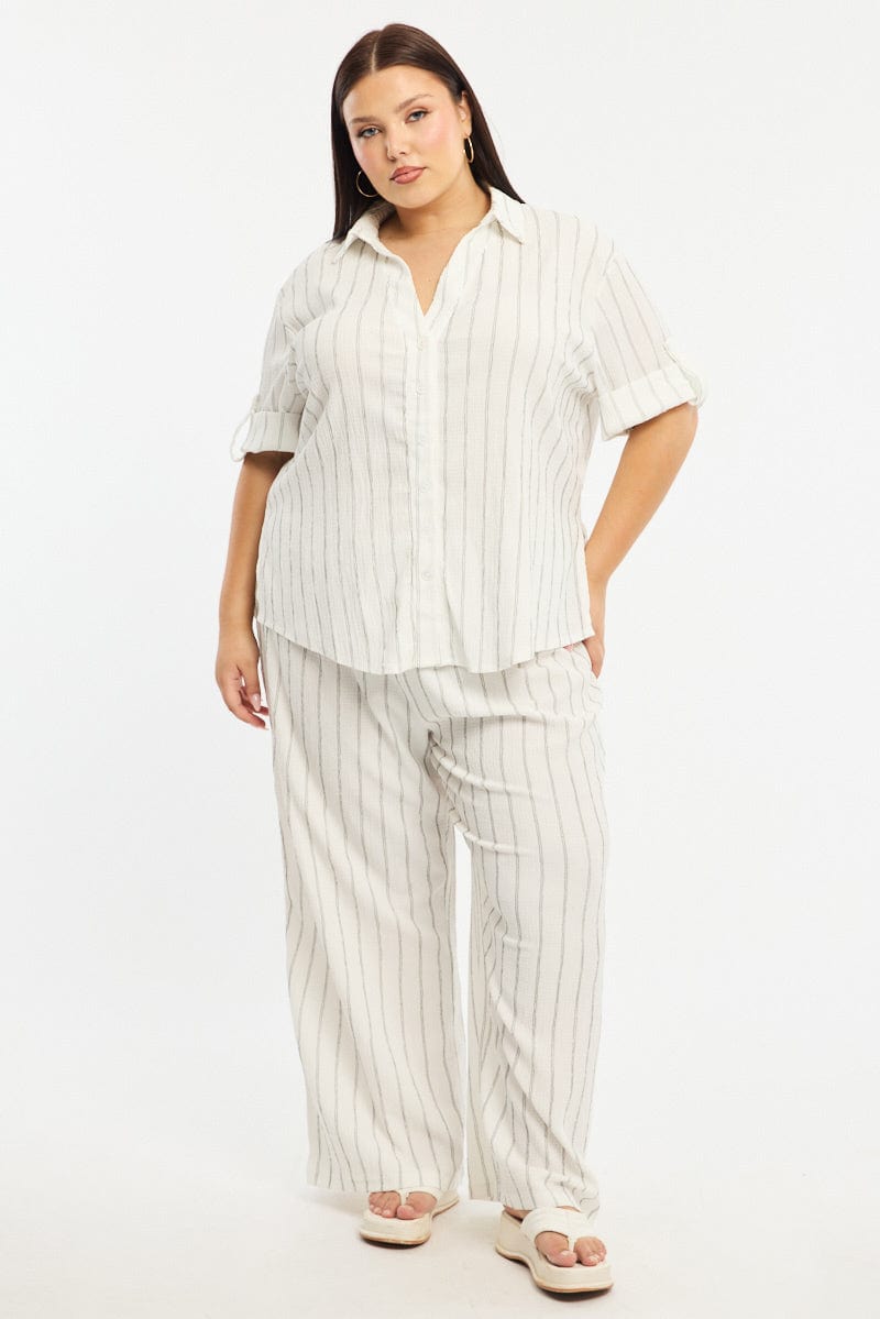 White Stripe Relaxed Shirt Short Sleeve Textured for YouandAll Fashion