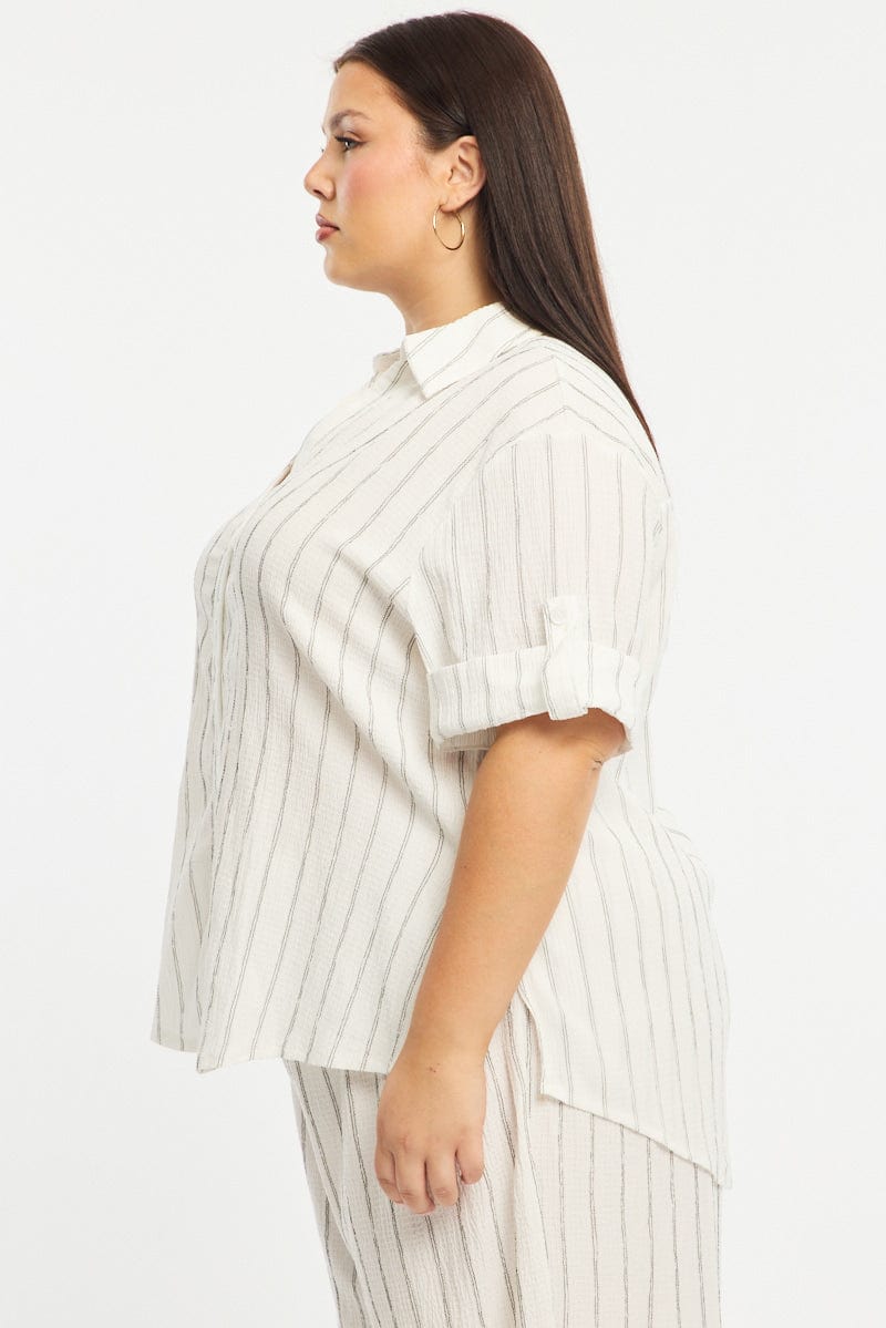 White Stripe Relaxed Shirt Short Sleeve Textured for YouandAll Fashion