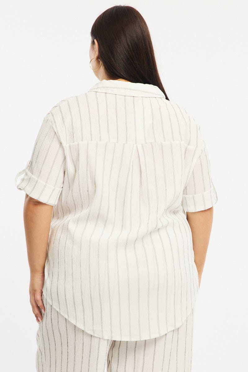 White Stripe Relaxed Shirt Short Sleeve Textured for YouandAll Fashion