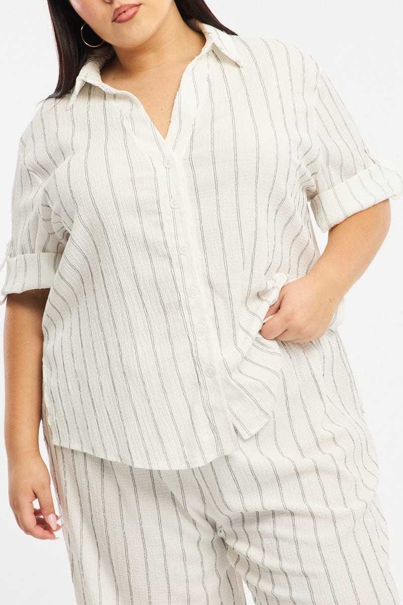 White Stripe Relaxed Shirt Short Sleeve Textured for YouandAll Fashion