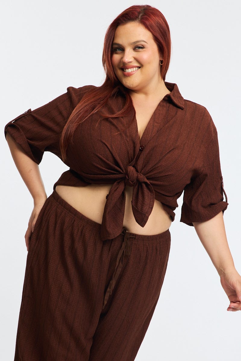 Brown Stripe Relaxed Shirt Short Sleeve Textured for YouandAll Fashion