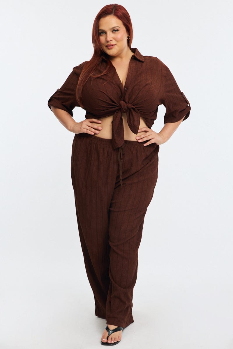 Brown Stripe Relaxed Shirt Short Sleeve Textured for YouandAll Fashion