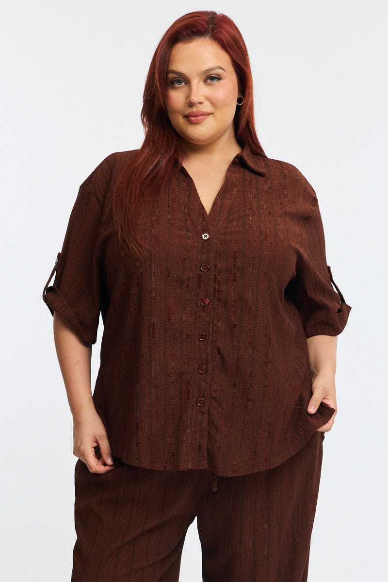 Brown Stripe Relaxed Shirt Short Sleeve Textured for YouandAll Fashion