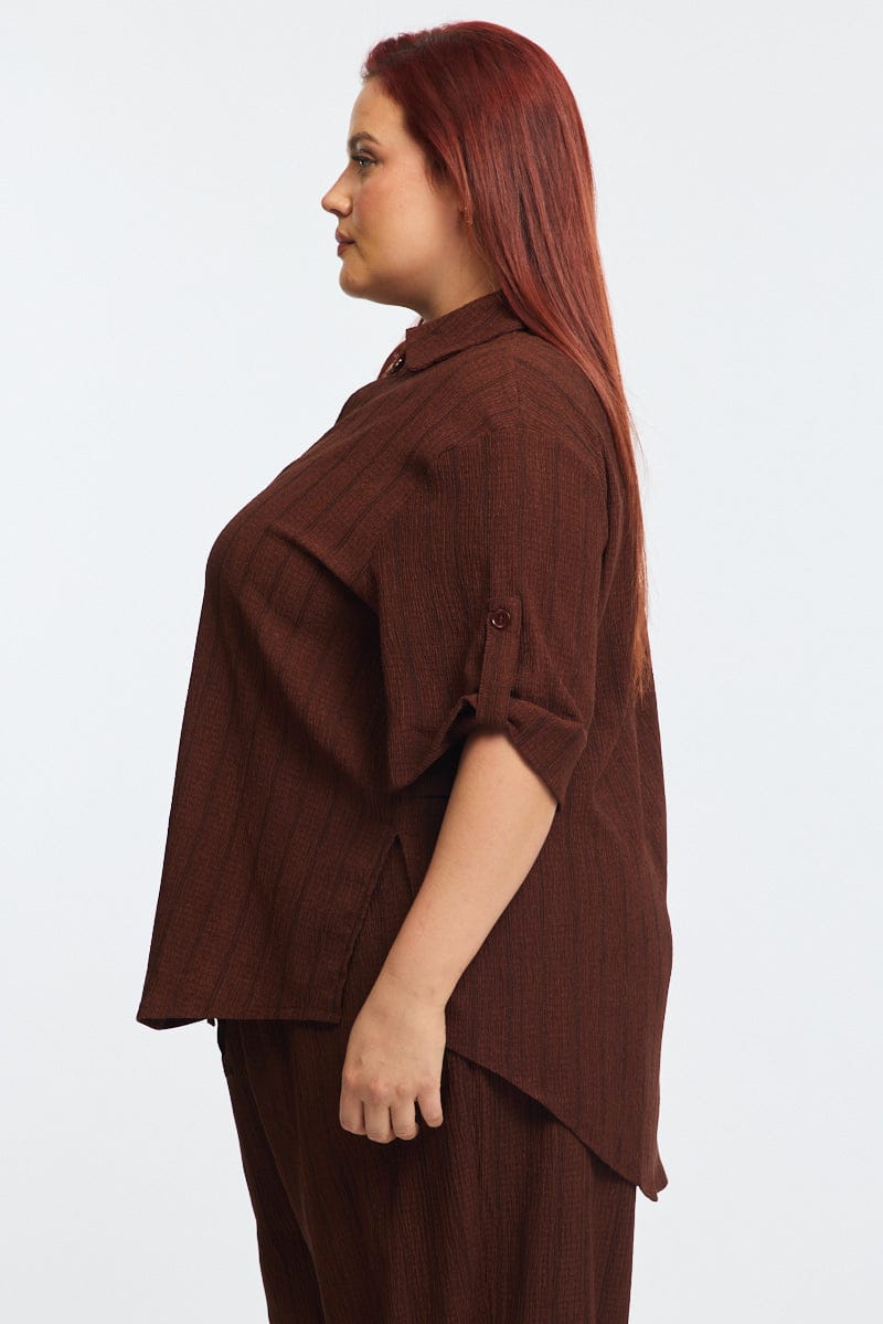 Brown Stripe Relaxed Shirt Short Sleeve Textured for YouandAll Fashion