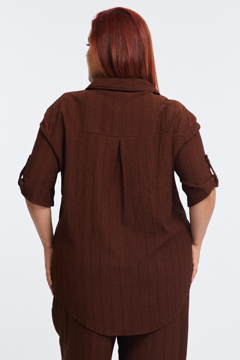 Brown Stripe Relaxed Shirt Short Sleeve Textured for YouandAll Fashion
