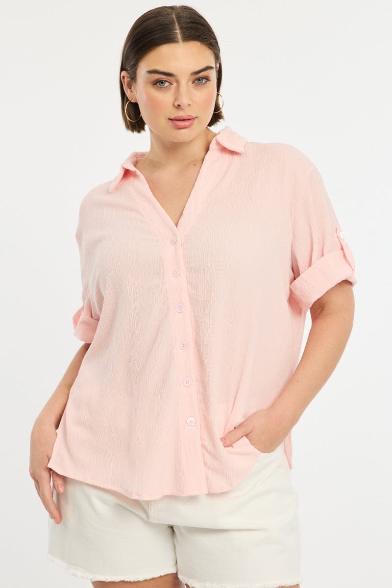 Pink Relaxed Shirt Short Sleeve Textured for YouandAll Fashion
