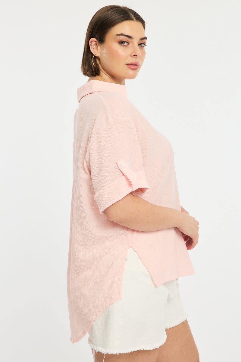 Pink Relaxed Shirt Short Sleeve Textured for YouandAll Fashion