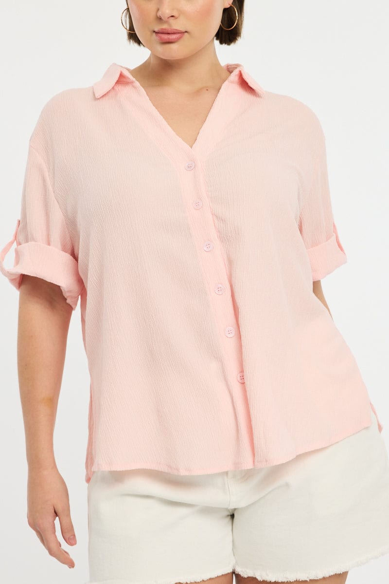 Pink Relaxed Shirt Short Sleeve Textured for YouandAll Fashion