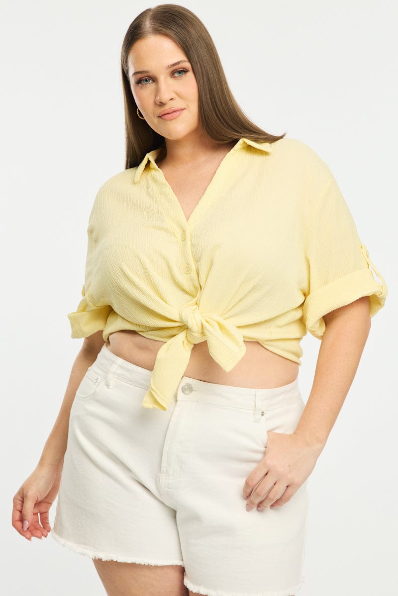 Yellow Relaxed Shirt Short Sleeve Textured for YouandAll Fashion