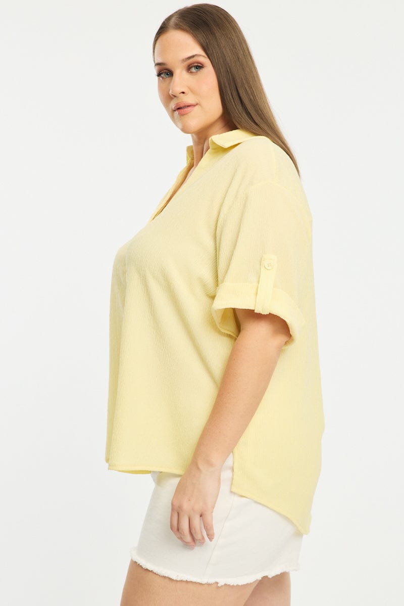 Yellow Relaxed Shirt Short Sleeve Textured for YouandAll Fashion