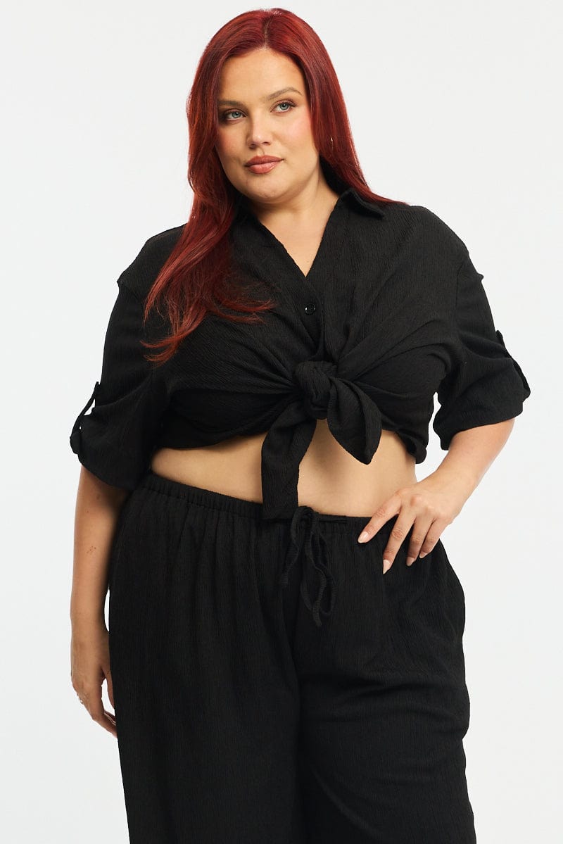 Black Relaxed Shirt Short Sleeve Textured for YouandAll Fashion