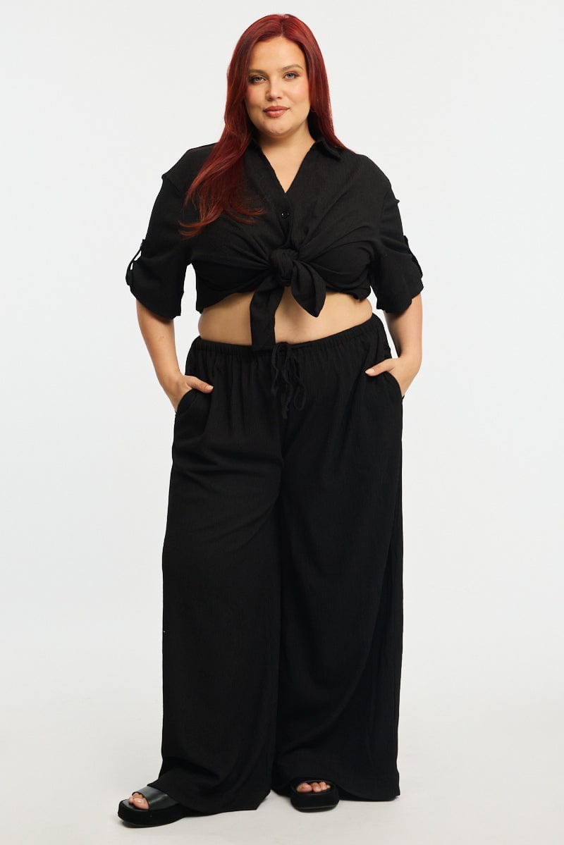 Black Relaxed Shirt Short Sleeve Textured for YouandAll Fashion