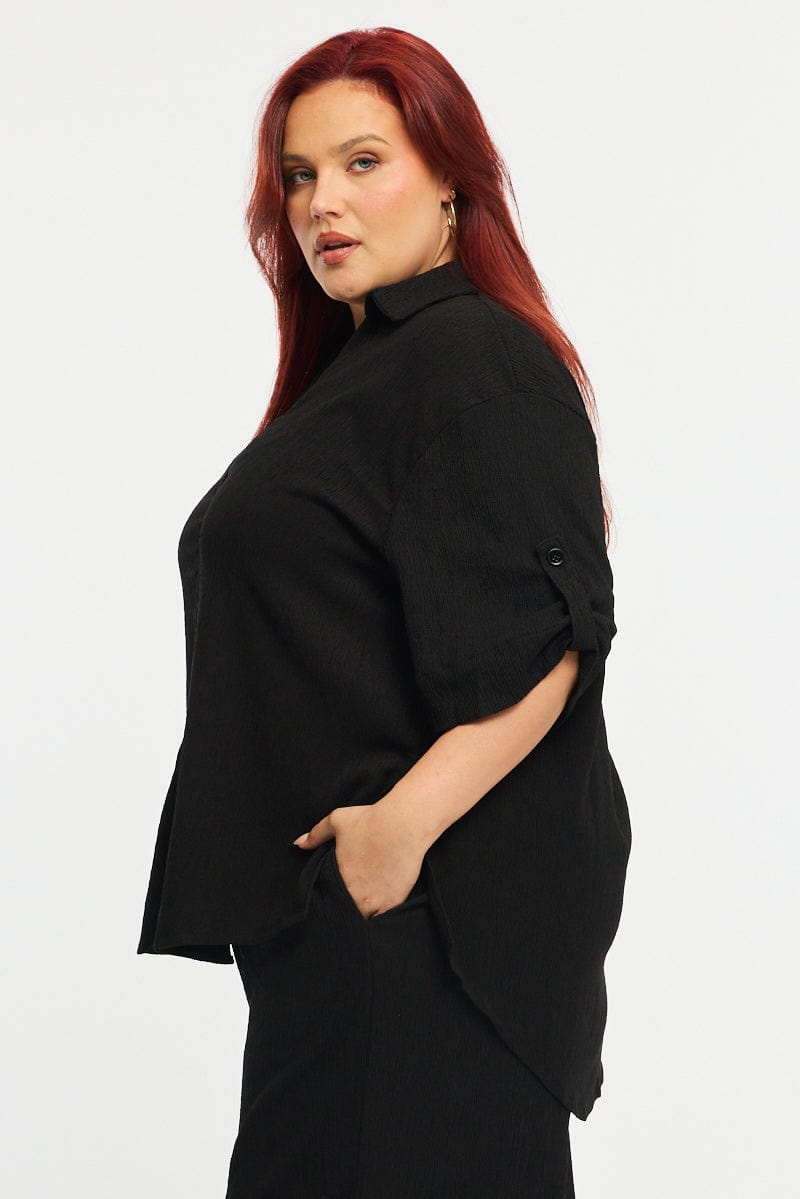Black Relaxed Shirt Short Sleeve Textured for YouandAll Fashion